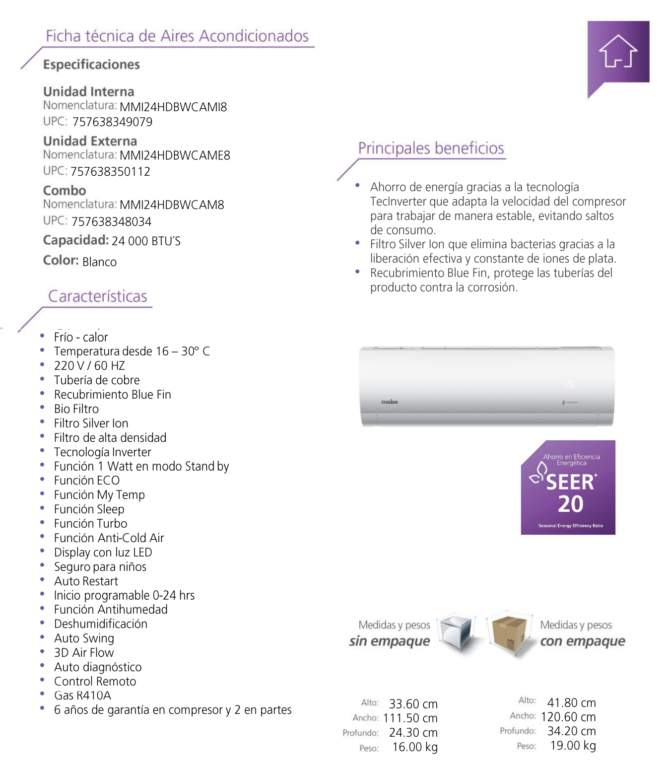 Especificaciones Minisplit Mabe Inverter Blanco de 12,000 BTU, 18,000 BTU y 24,000 BTU