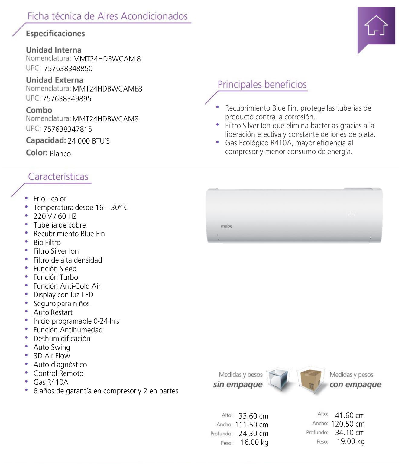 Especificaciones Minisplit Mabe Tradicional Blanco de 12,000 BTU, 18,000 BTU y 24,000 BTU